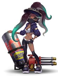 akali akali_(cosplay) curvy curvy_body custom_hydra_splatling dark-skinned_female dark_skin face_mask hydra_splatling k/da_akali k/da_akali_(cosplay) k/da_series league_of_legends marina_(splatoon) marina_ida nintendo plain_background short_shorts simple_background splatling splatoon splatoon_(series) splatoon_2 tagme tight_shorts weapon white_background