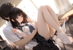 ai_generated black_hair blush chitanda_eru embarrassed hyouka oreki_houtarou purple_eyes shy stable_diffusion