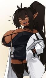 1girls bare_shoulders big_breasts black_hair black_thighhighs breasts brown_hair dark-skinned_female dark_elf dark_skin elf elf_ears elf_female female hi_res hips huge_breasts id_card labcoat light-skinned_female light_skin long_hair looking_at_viewer mole mole_on_breast mole_on_thigh open_mouth original original_character ponytail river_(zanamaoria) shortstack smiling smiling_at_viewer thick_thighs thigh_squish thighhighs thighs wide_hips yellow_eyes zanamaoria