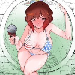 american_flag_bikini april_o'neil april_o'neil_(tmnt_1987) armpits bikini blush brown_hair full-face_blush large_breasts microphone short_hair sweat sweatdrop sweating takayama_toshinori teenage_mutant_ninja_turtles wide_hips