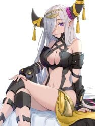 1girls bare_legs bare_midriff bare_shoulders breasts cleavage crossed_legs female female_only fire_emblem fire_emblem_engage grey_hair hair_over_one_eye horns large_breasts legs long_hair mature mature_female midriff mugitoro_(dsfv2277) nail_polish nintendo pointy_ears purple_eyes red_nails shoulders silver_hair solo very_long_hair zelestia_(fire_emblem)