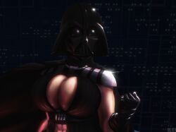 ablaca cape clenched_fist darth_vader digital_media_(artwork) genderswap_(mtf) large_breasts leather mask portrait