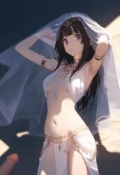 ai_generated armpits arms_behind_head arms_up black_hair blush chitanda_eru embarrassed female female_focus female_only harem_girl harem_outfit hyouka looking_at_viewer pubic_hair purple_eyes pussy see-through see-through_clothing sheer_legwear shy stable_diffusion