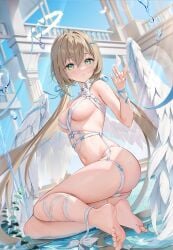 angel angel_wings ass belt belt_bondage belts bubble feet gradient_eyes halo heaven honkai:_star_rail honkai_(series) houk1se1 large_ass light_brown_hair light_rays long_twintails medium_breasts mostly_nude qingque_(honkai:_star_rail) skindentation soles thick_thighs toes water wide_hips