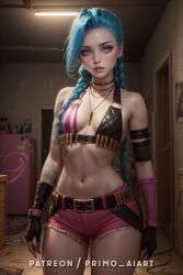 1girls 2:3 ai_generated bare_shoulders belt belt_buckle blue_hair bullets ceiling_light female female_only fingerless_gloves indoors jinx_(league_of_legends) league_of_legends necklace patreon_username pink_eyes pink_shorts primo_aiart shorts skinny solo source_removed stable_diffusion twin_braids