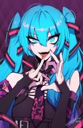 1girls aqua_eyes aqua_hair black_necktie choker collar elbow_gloves eyes_visible_through_hair fangs female female_only fingerless_gloves gloves hand_gesture hands_up hatsune_miku j.k. looking_at_viewer mosaic_background necktie open_mouth pink_nails solo vocaloid