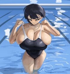 1girls annoyed big_breasts black_eyes black_eyeshadow black_hair booruguru breast_squish breasts breasts_bigger_than_head eyeshadow gigantic_breasts goth goth_(booruguru) goth_girl hi_res highres hoop_earrings hoop_earrings_oversized huge_breasts large_breasts pool short_hair skindentation swimming_pool swimsuit swimwear wet wet_clothes wet_skin