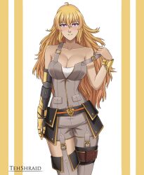 1girls blonde_female blonde_hair blush long_hair long_hair_female purple_eyes removing_clothing robotic_arm rwby showing_cleavage tehshraid yang_xiao_long