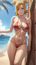 1girls against_wall ai_generated arm_support bare_legs bare_midriff bare_shoulders beach big_breasts bikini bikini_bottom bikini_top blonde_hair boruto:_naruto_next_generations breasts cleavage curvaceous feet_out_of_frame female female_only floral_print front_view highleg_swimsuit hourglass_figure large_breasts legs_together looking_at_viewer mature mature_female midriff milf nai_diffusion naruto naruto_(series) naughtyangelx outdoors palm_tree pinup ponytail quad_tails revealing_swimsuit sagging_breasts sand seaside skimpy skimpy_bikini smile solo stable_diffusion standing sunlight sweat sweatdrop swimsuit teal_eyes temari tied_hair twintails voluptuous walking walking_towards_viewer water wide_hips