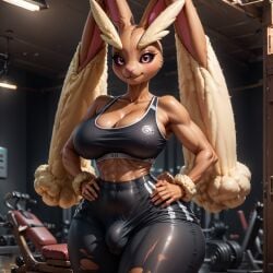 1futa ai_generated anthro ass ball_bulge balls balls_under_clothes big_breasts big_butt bottomwear breasts bulge clothing dark-skinned_futanari director_homer_26 female flaccid furry furry_only futa futa_only futanari generation_4_pokemon genitals gym gym_clothing gym_equipment herm hi_res huge_breasts intersex looking_at_viewer lopunny muscular muscular_anthro muscular_futanari pants penis penis_bulge penis_under_clothes pokemon pokemon_(species) presenting solo thick_thighs wide_hips yoga_pants