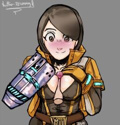 1boy arm_cannon belt between_breasts blush brown_hair female jacket looking_down medium_breasts mii mii_gunner mii_gunner_(smash_ultimate) nintendo no_bra open_jacket paizuri paizuri_lead_by_female penis skin_tight smile super_smash_bros. super_smash_bros._ultimate sweat titjob unzipped_bodysuit