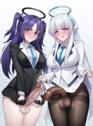 2futas balls bangs big_breasts big_penis blue_archive bottomless breasts clothed clothing cum duo flaccid fully_clothed futa_only futanari gins hanee human light-skinned_futanari light_skin long_hair millennium_science_school_student mostly_clothed noa_(blue_archive) penis penis_size_difference purple_hair seminar_(blue_archive) squatting standing stockings suit tongue tongue_out white_hair yuuka_(blue_archive)