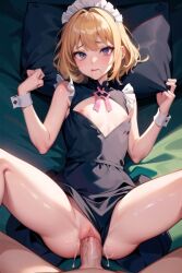 1girls 2:3 ai_generated ai_hands artist_request ass big_ass big_breasts big_butt blonde_hair blue_eyes bodily_fluids breasts exposed_nipples female maid maid_headdress maid_uniform missionary missionary_position missionary_sex no_bra pillow pillow_grab pussy source_request vaginal_penetration vaginal_sex wrist_cuffs