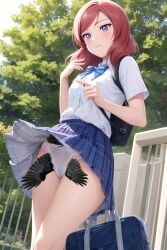 1girls ai_generated avian bag bird bird_insertion bowtie cameltoe corvid crow edit female female_only feral feral_prey human_on_feral human_pred implied_unbirth implied_vore in_panties live_insertion living_sex_toy looking_down love_live! love_live!_school_idol_project nishikino_maki only_female outdoors outside panties panty_entrapment panty_peek purple_eyes red_hair short_hair skirt skirt_lift third-party_edit trapped_in_clothing trapped_in_underwear unbirthing upskirt vaginal_insertion vore white_panties zoophilia