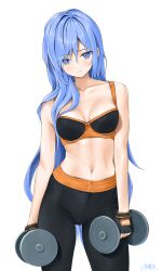 blue_eyes blue_hair bra chaesu cleavage dumbell gloves grimace long_hair medium_breasts midriff minah navel underwear yoga_pants