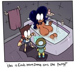 1boy 2girls areolae_slip bathing bathroom bathtub breasts candle cartoon_network dendy_(ok_k.o.!_let's_be_heroes) dennis_the_menace huge_breasts k.o._(ok_k.o.!_let's_be_heroes) milf ok_k.o.!_let's_be_heroes partially_submerged reference vampire wilhamena