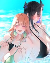 2girls bikini black_hair blush breasts cleavage day embarrassed flower green_hair hair_flower hair_ornament holding holding_clothes holding_panties holding_underwear hololive hololive_english hololive_english_-advent- hololive_myth huge_breasts long_hair looking_at_viewer multicolored_hair multiple_girls nerissa_ravencroft ocean open_mouth orange_hair outdoors panties partially_submerged purple_eyes swimsuit takanashi_kiara teeth underwear unworn_panties upper_body upper_teeth_only virtual_youtuber wet yuri