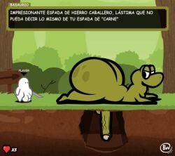 angry animated ass big_butt big_penis bongo_(character) bonguitoweon bottom_heavy dick_in_hole genitals human humanoid jiggling_butt knife male male/male mammal non-human penis spanish_text text thick_thighs toony video_game_reference wiggle