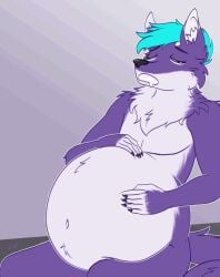 2023 ambiguous_gender ambiguous_prey animated anthro belly big_belly black_nose blue_hair burping canid canine closed_eyes digestion english_text flat_colors fox fur g3xa hair hands_on_belly loop male male_pred mammal mox_(antillion123) purple_body purple_fur same_size_vore simple_background sitting solo tail text vore