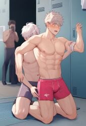 2boys ai_generated flustered locker_room male_only on_knees phone pink_shorts recording shirtless shy white_hair yaoi yaoi0man