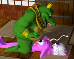 3d angry_cat anthro big_breasts black_nipples bracelet breasts canine crocodile crown cum cum_in_mouth cum_inside cum_on_face donkey_kong_(series) duo female fur green_scales hair heart jewelry k_rool kremling lying male mammal nintendo nipples overweight paizuri penis pink_fur reptile royalty scales scalie sex straight tongue tongue_out white_hair wolf yuni_hermit