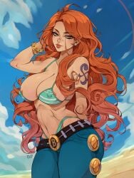 1girls 2023 areola_slip arm_behind_back bikini bikini_top evviart female female_only hand_behind_head jeans long_hair looking_at_viewer nami narrowed_eyes nipple_bulge one_piece orange_eyes orange_hair post-timeskip smiling smiling_at_viewer solo striped_bikini tattoo tattoo_on_arm thick_thighs