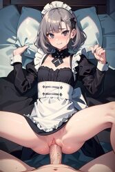 1girls 2:3 ai_generated ai_hands artist_request ass big_ass big_breasts big_butt breasts detached_collar female long_sleeves maid maid_uniform missionary missionary_position no_panties on_back pillow pillow_grab pussy source_request vaginal_penetration vaginal_sex