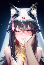 1boy 1girls 2024 ai_generated animal_ears arknights black_hair blush condom condom_wrapper cum cum_in_mouth cum_on_face kemonomimi light-skinned_female light_skin looking_at_viewer nude panties_on_head panty_crown texas_(arknights) used_condom wolf_ears wolf_girl yellow_eyes