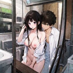 ai_generated black_hair blush chitanda_eru embarrassed hyouka oreki_houtarou purple_eyes shy stable_diffusion