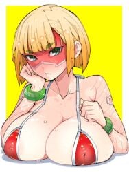 1girls arms_(game) big_breasts bikini blonde_hair breasts_on_floor cleavage female green_eyes huge_breasts large_breasts looking_at_viewer mask min_min_(arms) nintendo nipple_bulge short_hair solo sweat sweatdrop sweating swimsuit takayama_toshinori vein veiny veiny_breasts