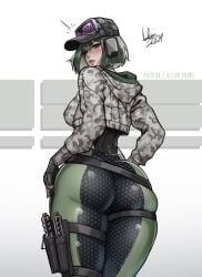 1girls aelion_draws ass ass_focus big_ass big_breasts blush clothed clothing ela_(rainbow_six) female female_focus female_only green_eyes green_hair looking_at_viewer looking_back military military_hat military_jacket military_uniform rainbow_six_siege short_hair solo solo_female surprised thick_thighs weapon