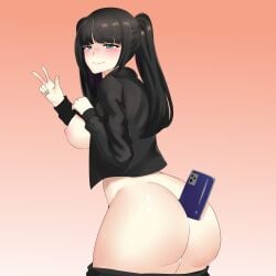1girls ass big_ass big_breasts big_butt black_hair blush breasts butt_focus cellphone embarrassed eternights female female_only hand_gesture holding_object_between_buttocks jacket kuroe_prime looking_at_viewer nail_polish painted_nails phone_between_buttocks selfie shirt_lift shirt_up shorts_down sia_(eternights) sweat thick_thighs twintails two_tone_hair
