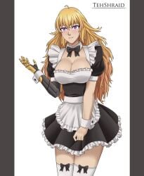 1girls apron blonde_female blonde_hair cleavage dress female female_only fully_clothed long_hair long_hair_female maid maid_apron maid_headdress maid_outfit maid_uniform purple_eyes robotic_arm rwby showing_cleavage stockings tehshraid uniform yang_xiao_long