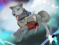 animal_genitalia animal_penis atlus brown_eyes canine canine_penis claws erection feral fur grey_fur koromaru_(megami_tensei) male male_only mammal megami_tensei metalfox open_mouth penis persona precum simple_background standing tongue tongue_out