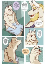 age_difference anthro armpit_hair asgore_dreemurr asriel_dreemurr ass balls blush body_hair caprine chest_hair close-up clothing dialogue embarrassed english_text father father_and_son flaccid glitter_trap_boy goat grin locker_room male male_only mammal midriff moobs musclegut naughty_face nipples nude parent partially_retracted_foreskin penis perineum precum precum_string rear_view rubbing_head shirt sitting son speech_bubble standing tank_top text towel uncut undertale video_games