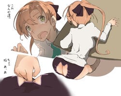 akigumo_(kantai_collection) anal_fingering ass bent_over brown_hair cat_lingerie fingering green_eyes kantai_collection long_hair open_mouth ponytail text tied_hair translation_request yamaioni_(sasakama)