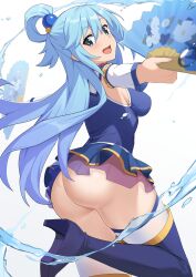 1girls aqua_(konosuba) ass big_ass big_breasts blue_eyes blue_hair blue_skirt bubble_ass bubble_butt clothing dat_ass female female_only folding_fan hair heel_boots huge_ass kono_subarashii_sekai_ni_shukufuku_wo! long_hair looking_back no_panties skirt smile solo solo_female thick_thighs thigh_boots thighhighs thighs water xubai