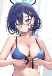 blue_archive chihiro_(blue_archive) embarrassed houraku large_breasts looking_at_viewer millennium_science_school_logo_(blue_archive) millennium_science_school_student removing_bra slender_waist sweatdrop undressing veritas_(blue_archive) wavy_mouth