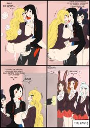 2boys 5girls black_hair black_hair_female blake_belladonna blonde_female blonde_hair breasts brown_hair brown_hair_female clone coco_adel cum_leaking cum_leaking_out_of_pussy heart-shaped_pupils jin_satou leaking_cum original_character putting_on_clothes rwby school_uniform velvet_scarlatina weiss_schnee white_hair white_hair_female yang_xiao_long zronku