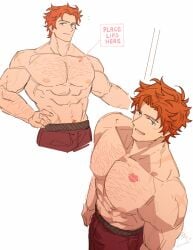 1boy abs absurdres alternate_muscle_size bara cropped_legs english_text fire_emblem fire_emblem:_three_houses foreshortening from_above hairy highres large_pectorals lipstick_mark looking_at_viewer male_focus male_only meme multiple_views muscular muscular_male navel navel_hair nipples orange_hair pectorals place_lips_here_(meme) post-timeskip satodee seductive_smile short_hair smile sparse_chest_hair stomach sylvain_jose_gautier thick_eyebrows topless_male