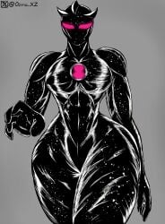 1girls alien alien_girl alien_x ben_10 ben_10_alien_force ben_10_ultimate_alien black_skin cartoon_network celestialsapien chaquetrix curvy female hourglass_figure large_breasts looking_at_viewer muscular_female ozma_xz pink_eyes shiny_skin solo star thick_thighs wide_hips