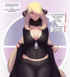 big_breasts blonde blonde_female blonde_hair blonde_hair_female blush cleavage coffeeslice cynthia_(pokemon) female_only light-skinned_female light_skin pokémon pokemon pokemon_champion scarf small_waist text thick_thighs