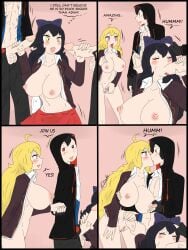 2boys 2girls big_breasts black_hair black_hair_female blake_belladonna blonde_female blonde_hair blowjob bow breasts clone double_handjob erect_penis jin_satou long_hair long_hair_female nipple_pinch original_character purple_eyes rwby school_uniform yang_xiao_long yellow_eyes zronku