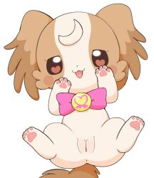 <3_eyes :3d anus azuo brooch brown_body brown_fur canid canine canis domestic_dog female feral fur genitals heart hi_res komugi_(precure) lying mammal on_back paws pink_bow plump_labia pretty_cure pussy simple_background solo tan_body tan_fur white_background wonderful_precure!