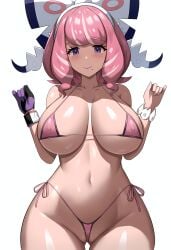 1girls ai_generated bikini breasts celia_1127 female hi_res huge_breasts klara_(pokemon) light-skinned_female light_skin medium_hair micro_bikini naughty_face nintendo pink_hair pokemon pokemon_ss pokemon_ss_isle_of_armor purple_eyes simple_background stable_diffusion thick_thighs wide_hips