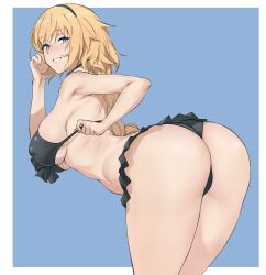 absurdres ass bare_shoulders bent_over bikini black_bikini black_hairband blonde_hair blue_eyes braid braided_ponytail breasts covered_nipples das_(dan_dan) fate/grand_order fate_(series) female general grin hairband highres jeanne_d'arc_(fate) jeanne_d'arc_(swimsuit_archer) jeanne_d'arc_(swimsuit_archer)_(first_ascension) large_breasts long_hair looking_at_viewer looking_back presenting_ass smile solo swimsuit thighs