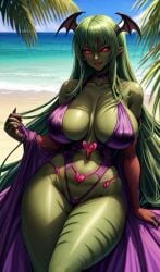 1girls ai_generated beach big_ass big_breasts bikini blackwashed dark-skinned_female dark_skin darkstalkers demon_girl ebonization female female_only fighter green_hair hips_wider_than_shoulders morrigan_aensland race_swap race_swap_fetish seductive strong_woman succubus thick_thighs thighs wide_hips