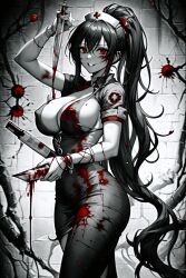 1girls ai_generated black_and_white black_and_white_and_red blood blood_splatter erect_nipples erect_nipples_under_clothes female female_focus female_only gothic greyscale horror hylian_r34 monochrome nipple_bulge nipples_visible_through_clothing nurse self_upload tagme unstable_diffusion yandere