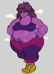 1girls anthro armpit_hair big_belly big_butt deltarune female_anthro gnausea gnauseating muscular_female non-mammal_breasts obese_anthro obese_female overweight panting pubic_hair pubic_hair_peek scars sports_bra sportswear strongfat susie_(deltarune) sweat sweating