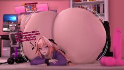 1boy 3d 3d_(artwork) ass ass_bigger_than_head ass_bigger_than_torso astolfo_(fate) big_ass bottom_heavy bottomless clothing computer dialogue dildo fat_ass fate_(series) femboy huge_ass hyper hyper_ass indoors jacket large_ass livestream looking_at_viewer lying lying_on_stomach male male_only massive_ass oakensfm pink_hair sex_toy solo streaming talking_to_viewer text thick_ass woodworksfm